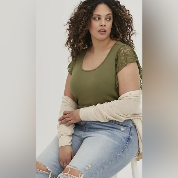 NWT TORRID Olive Green Super Soft Scoop Neck Lace Flutter Sleeve Top~ 2 - Picture 1 of 4